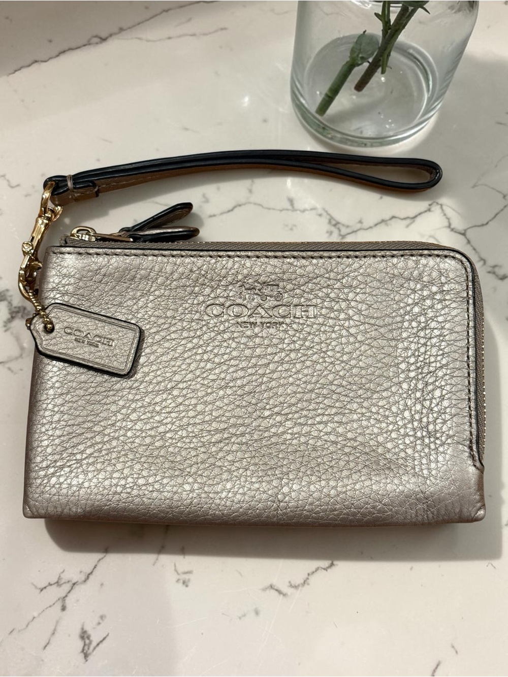 Coach F64130 Metallic Silver Pebbled Leather Double Zip Wristlet